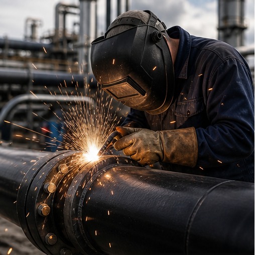 Welder working on steel pipe